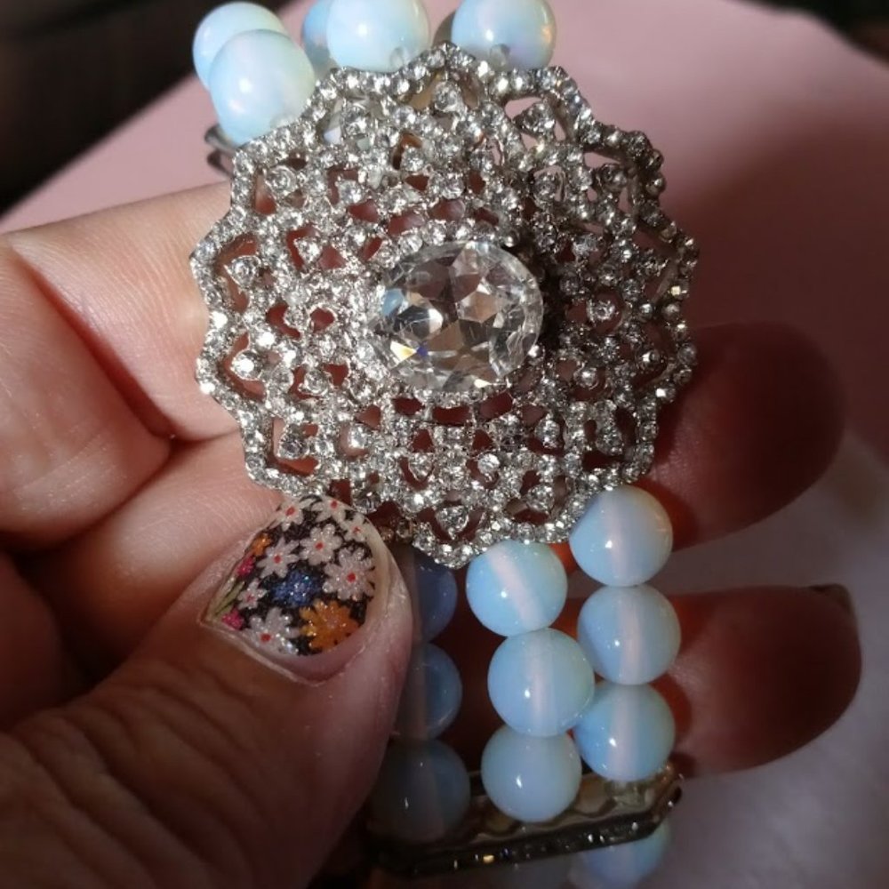 Rhinestone Flower/Moonstone Bead Bracelet